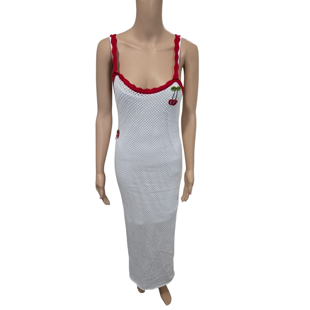 Wayf medium white crocheted sheer tank top dress cherries cute spaghetti strap